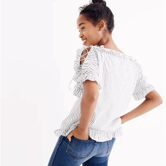 Madewell Ruffled Lace-Up Top in Stripe Gray Size XS - Picture 3 of 13